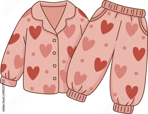 Hand Drawn Minimalist Illustration of a Cute Matching Pajama Set with Heart and Polka Dot Pattern for Sleepwear and Cozy Lounge Fashion