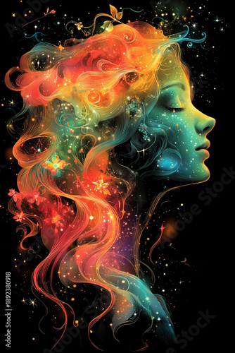Surreal female profile in cosmic light exploring existence self-discovery and meaning of life