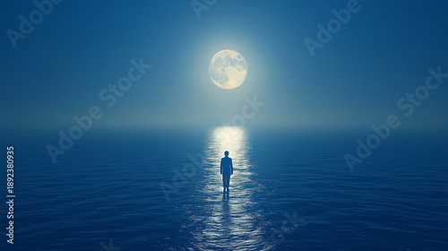 Solitary figure walking on ocean toward a bright moon symbolizing existence self-discovery and the meaning of life