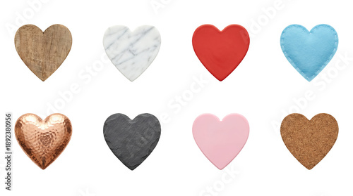 Heart shape collection set including wood, marble, stone, metal, and felt textures. Love and romantic material variety.