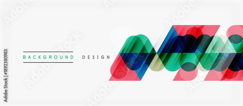Abstract geometric shapes overlap creating vibrant visual effect. Modern design elements suggest innovation, technology, dynamism. Clean background enhances colorful composition.