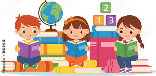 Cute kids reading books illustration, children studying together with globe and numbers, education concept, colorful flat vector design