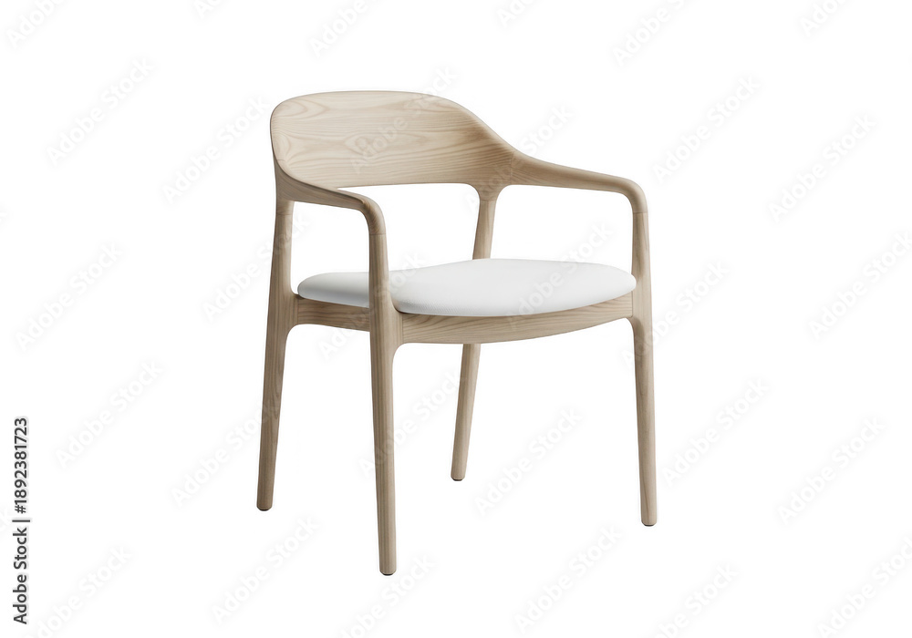 Fototapeta premium Modern wooden chair with white cushion on white background isolated on transparent background