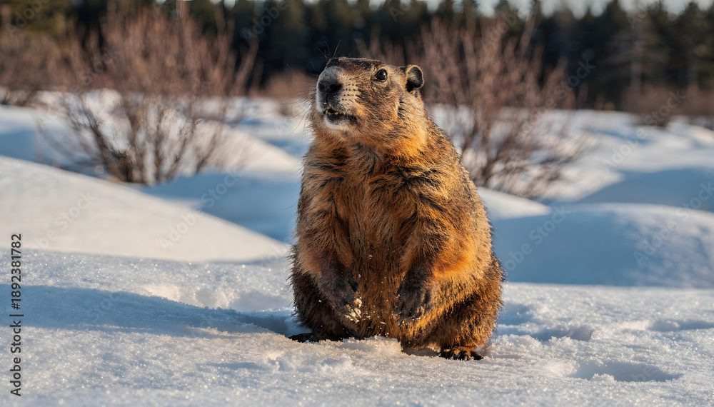 Obraz premium Groundhog Day Delight: A Captivating Image of a Groundhog Standing Alert in the Snow, Evoking Wonder and the Anticipation of Spring's Arrival on the Snowy Field