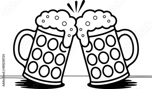 This bold black-and-white illustration features two frothy beer mugs clinking together with motion lines—perfect for party graphics, celebration icons, and social gathering-themed designs.