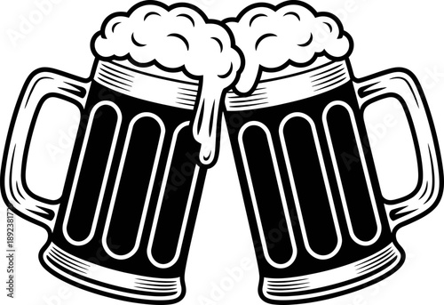 This black-and-white illustration shows two frothy beer mugs clinking together in celebration—ideal for party graphics, drink icons, social gathering visuals, and festive branding.