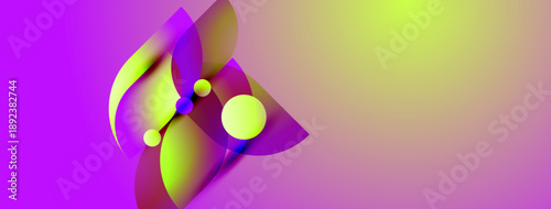 Abstract shapes blend vibrant purple, yellow hues. Smooth gradients create dynamic visual effect. Modern design element.