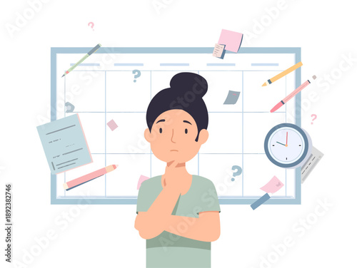 Thoughtful Young Woman Pondering a Complex Schedule and Task Organization, Surrounded by Planning Elements and Symbols of Dilemma, Illustrating Challenges in Time Management and Prioritization