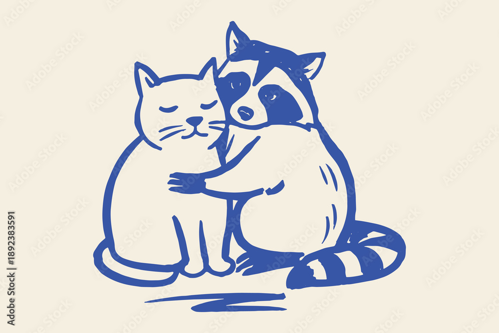 Naklejka premium Cat and raccoon hug doodle vector illustration