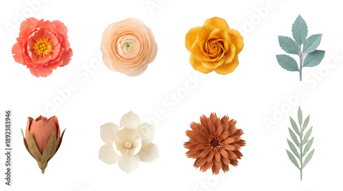Crepe paper flower set including peony, ranunculus, rose, magnolia, daisy, and leaf foliage isolated. Handmade floral craft collection.