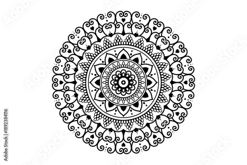 Intricate black and white mandala design featuring floral and geometric patterns in a circular arrangement