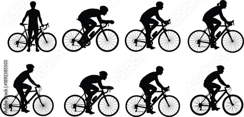 Cycling silhouettes collection, road bike riders, male and female cyclists, sport motion poses, bicycle training, black isolated figures