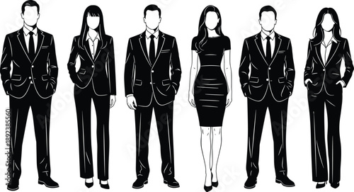 Faceless business people illustration, professional men and women in formal suits, corporate team, leadership concept, office fashion, success