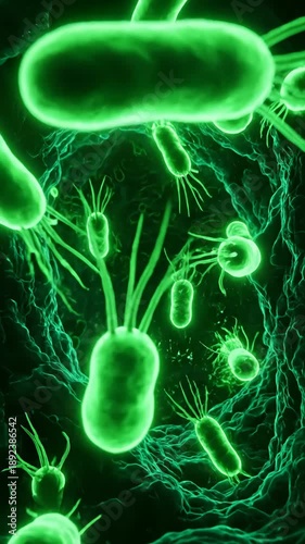 Wallpaper Mural Detailed Microscopic View Of Glowing Green Bacteria Cells Swimming Through A Dark Tunnel With Flagella Movement And Bioluminescent Glow Torontodigital.ca
