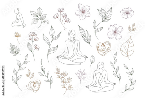 Set of 20 minimalist yoga illustrations with flowers and leaves vector