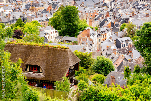 Billede på lærred Honfleur, France. Old streets on a cloudy day