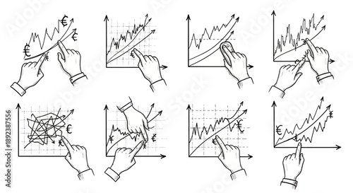 Hand pointing at stock market graphs and charts showing financial growth and analysis.