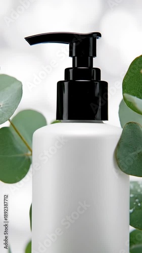 Wallpaper Mural Clean White Pump Bottle Dispenser Surrounded by Lush Green Eucalyptus Leaves with Soft Bokeh Background Torontodigital.ca