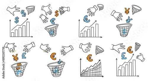 Financial Loss and Economic Downturn Illustrated with Currency Symbols and Graphs.