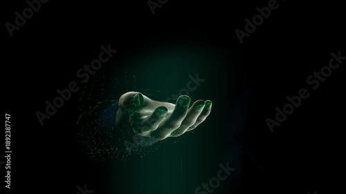 Futuristic hand gesture with glowing green particles in dark space, Futuristic hand gesture with digital particles