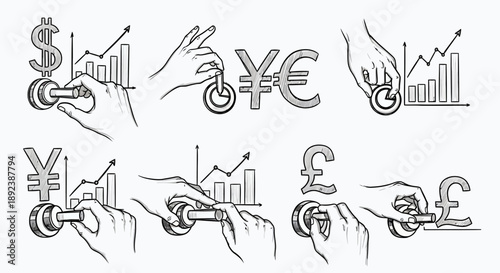 Hand turning a dial with currency symbols and growth charts representing financial control and investment.