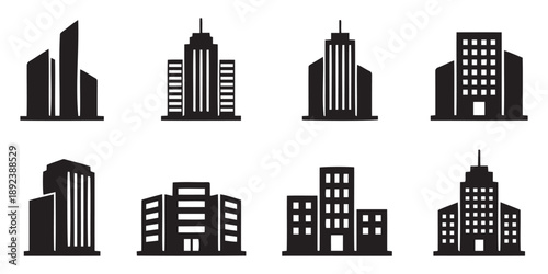 Black silhouettes of various city buildings and skyscrapers silhouette
