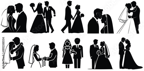 Collection of wedding couple silhouettes in romantic embraces and formal settings, conveying love and joy.