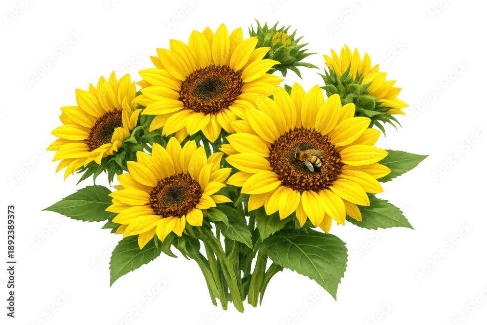 Obraz premium Sunflowers bouquet with a honey bee collecting pollen, vibrant yellow petals and green leaves, transparent background
