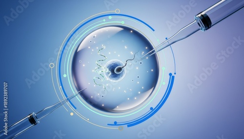Micropipettes performing intracytoplasmic sperm injection into a human ovum under blue light, showing microinjection, genetic strands and assisted reproductive technology