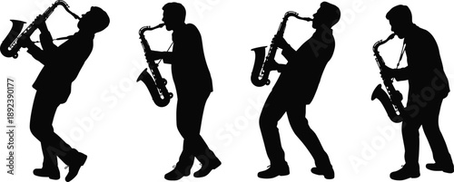 Silhouettes of jazz musicians playing saxophones in dynamic poses, symbolizing live music performance, artistic creativity, stage entertainment, musical expression, and professional jazz culture