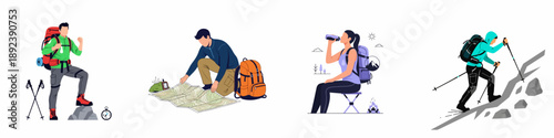 Vector illustration set of hikers engaged in various outdoor activities like trekking, navigating maps, reaching summits, and taking breaks.