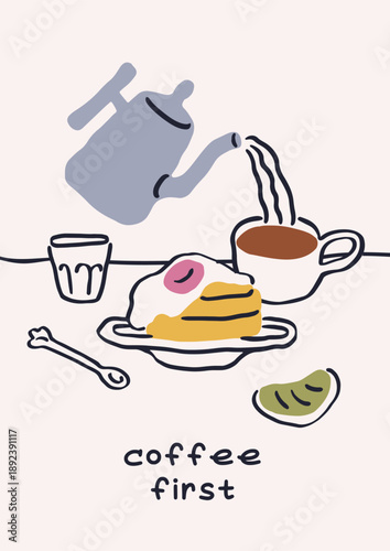 Hand-drawn morning poster. Italian Dolce vita card design with breakfast food...