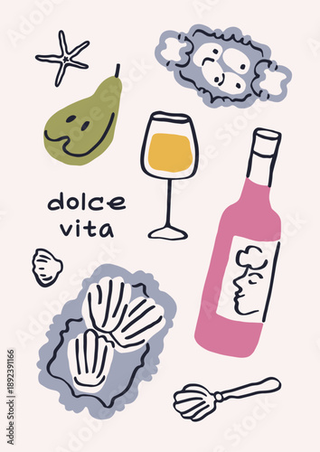 Dolce vita card design with Italian wine bottle, wineglass, snacks. Hand-drawn doodle sketch style kitchen poster. Food and drink, seafood, alcohol, scribble drawing. Flat vector illustration