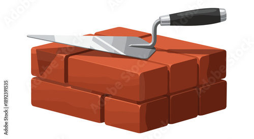 Steel Masonry Trowel with Black Handle Resting on Stack of Red Clay Bricks Vector Illustration for Masonry Construction and Building Material Concepts.
