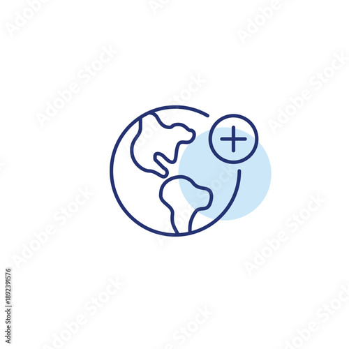Global access, location add. Earth and plus symbol. Pixel perfect, editable stroke vector icon