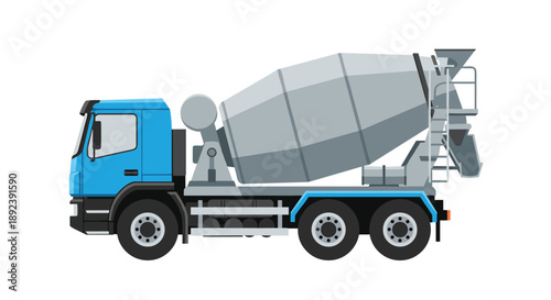 Blue and Grey Cement Mixer Truck Side View Vector Illustration for Industrial Construction and Building Material Delivery Services Commercial Design.