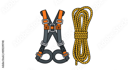 Professional Safety Harness with Orange Straps and Coiled Yellow Rope Vector Illustration for High Altitude Construction and Maintenance Safety.