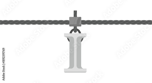 Steel I-Beam Suspended by Horizontal Cable and Lifting Clamp Vector Illustration for Industrial Construction and Metal Framework Projects.