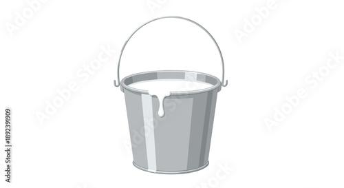 Metal Paint Bucket Filled with White Liquid and Dripping Down the Side Vector Illustration for Renovation Maintenance and Interior Design Concepts.