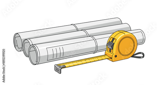 Yellow Retractable Tape Measure and Rolled Architectural Blueprints Vector Illustration for Construction Planning Engineering and Building Design.