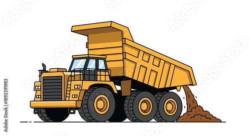 Yellow Heavy Dump Truck Tipping Out Brown Soil Vector Illustration for Earthmoving Construction Site and Infrastructure Development Projects Commercial Design.