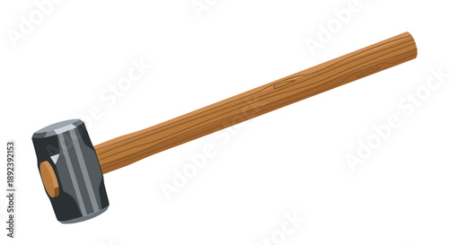 Heavy Duty Sledgehammer with Long Polished Wooden Handle and Solid Steel Head for Demolition and High-Impact Construction Work Isolated Graphic Illustration.