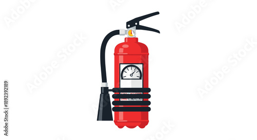 Detailed Red Fire Extinguisher Featuring an Integrated Pressure Meter and Discharge Nozzle for Essential Safety and Emergency Response Preparedness Illustration.