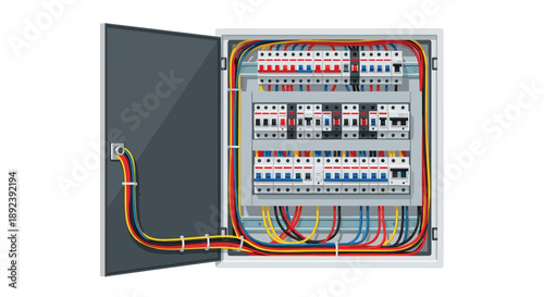 Open Residential Electrical Breaker Box Showing Rows of Circuit Breakers and Color-Coded Wiring for Home Power Distribution and Professional Maintenance.