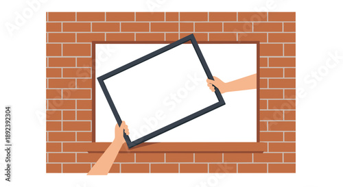 Hands Carefully Placing a Black Window Frame into a Rectangular Opening in a Red Brick Wall for New Building Construction and Architectural Finishing.