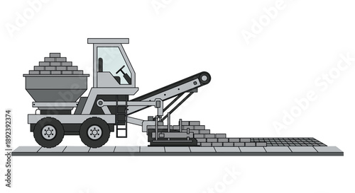 Industrial Gray Paving Machine Automatically Laying Concrete Bricks for Modern Pedestrian Walkways and Architectural Landscape Construction Projects.