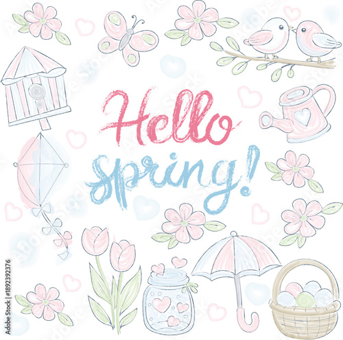 Spring-Themed Decorative Elements with Flowers, Birds, and Pastel Colors for Seasonal Invitations and Crafts