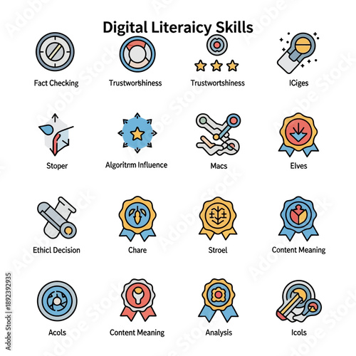 Digital Literacy Skills Icons Set Illustration.