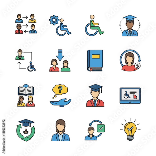 Education Icons Featuring People and Symbols.