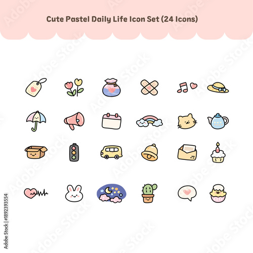 Icon, Cute, Daily life, Pastel, Travel, Food, Cupcake, Pancake, Ice cube, Paw, Cloud, Heartbeat, Bunny, Cactus, Tea, Duck, Luggage, Acorn, Fork, Plant, Star, Confetti, Soap, Magnifying glass, Message,